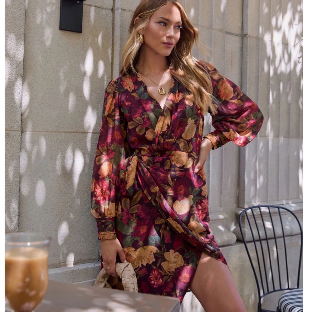 🌾 VICI Red Fall Floral Long Sleeve Asymmetrical Midi Wrap Dress